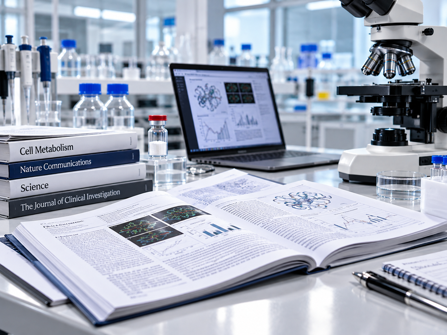 Imagen ilustrativa de publicaciones académicas y equipo de laboratorio