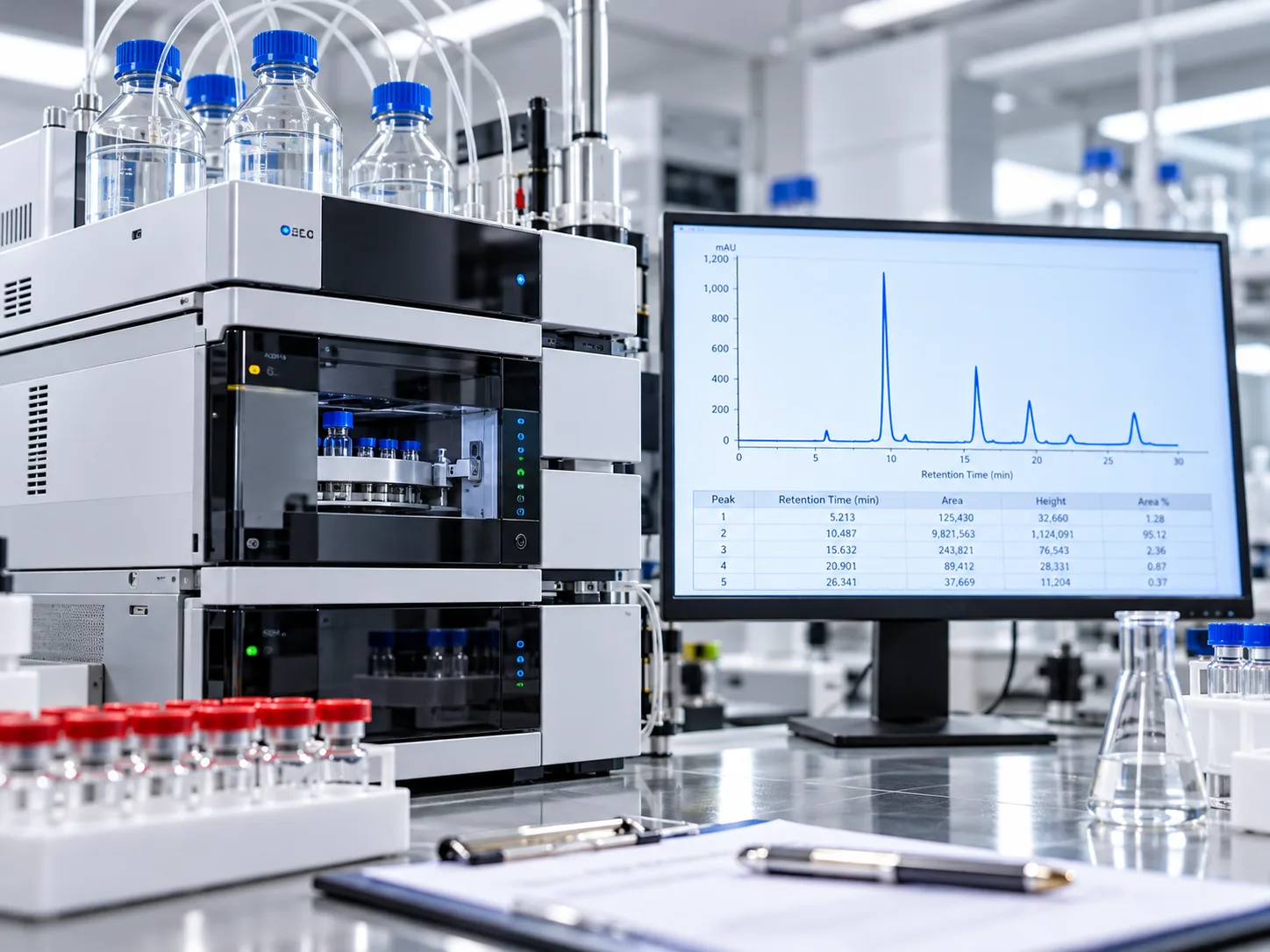 Equipo de cromatografía líquida de alta resolución en laboratorio analítico