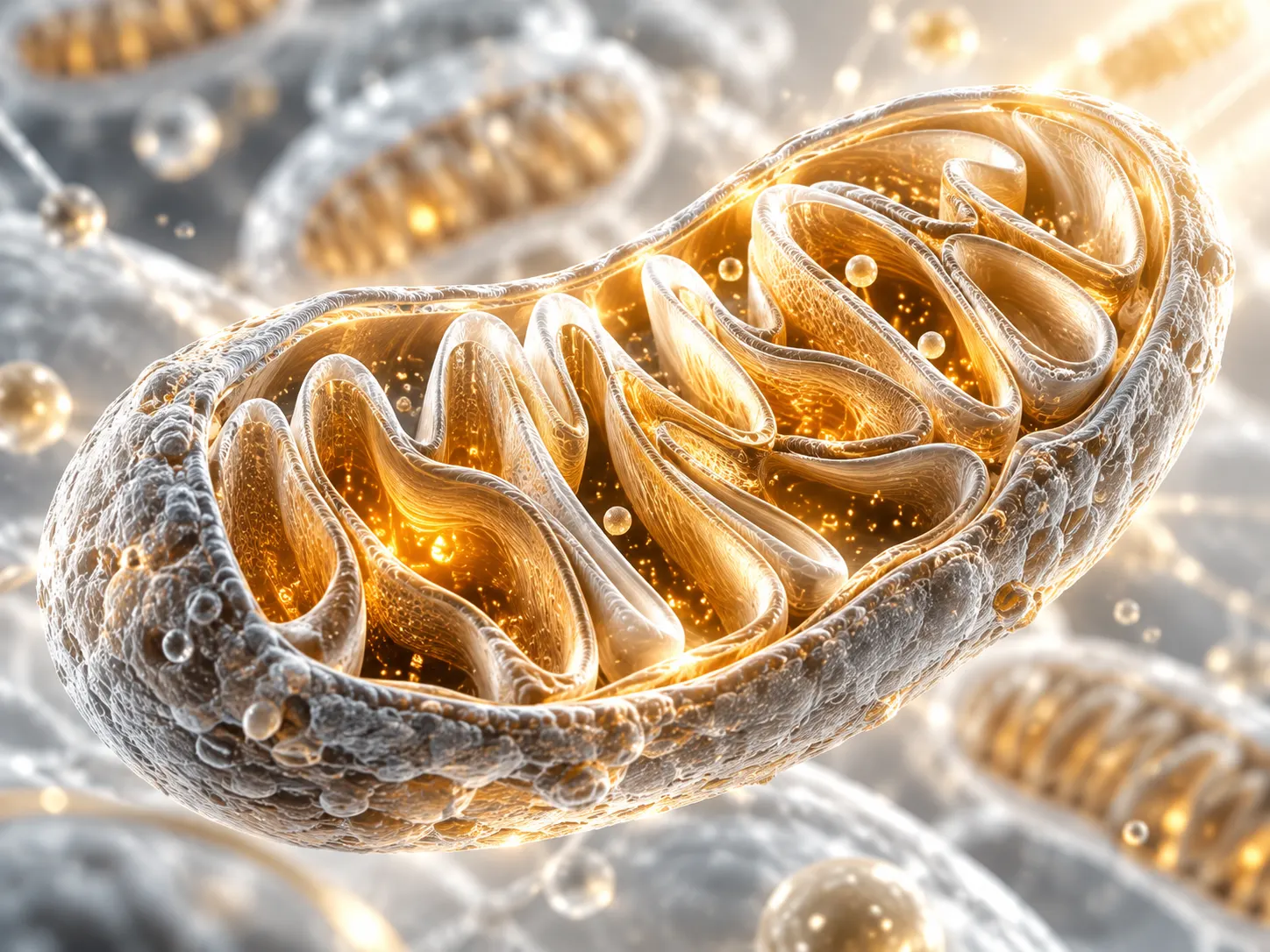 Ilustración científica de una mitocondria con sus membranas y crestas internas