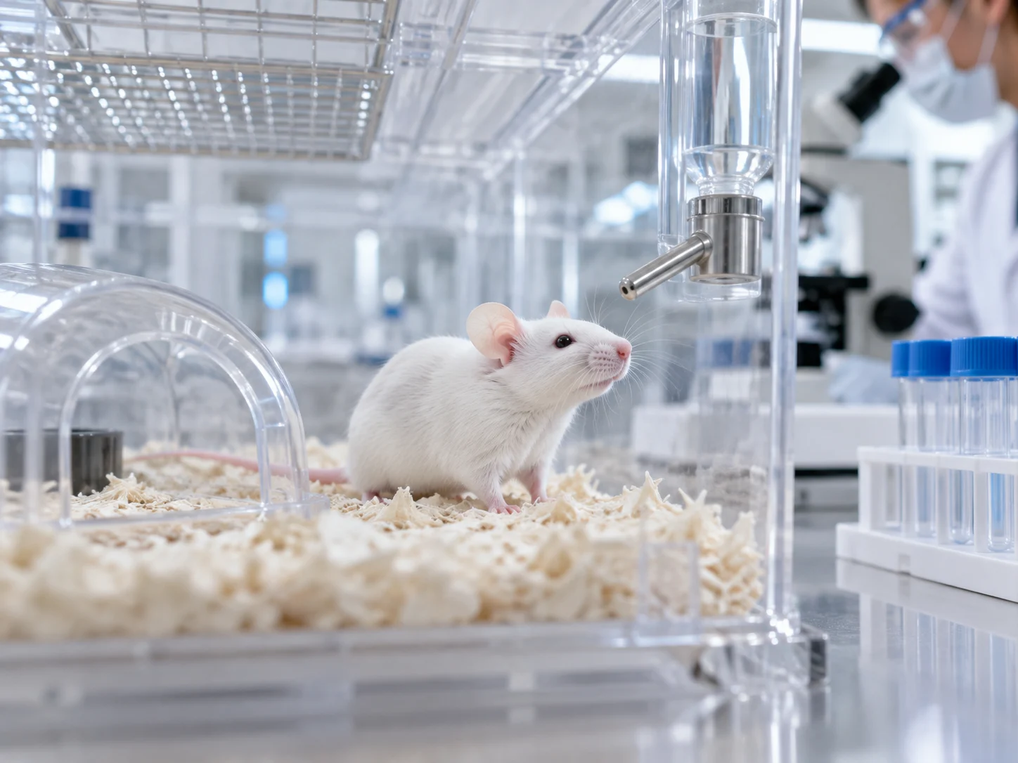 Representación fotográfica de un ratón blanco en un entorno de investigación preclínica