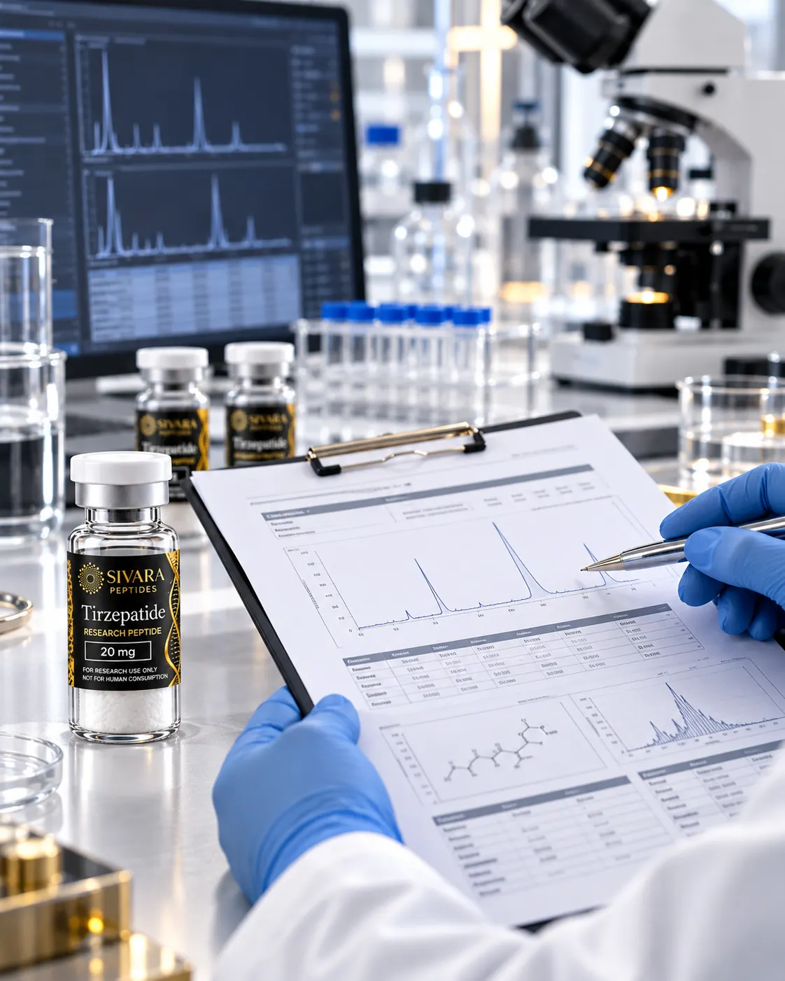 Representación de documentación científica y resultados analíticos de laboratorio para investigación de péptidos