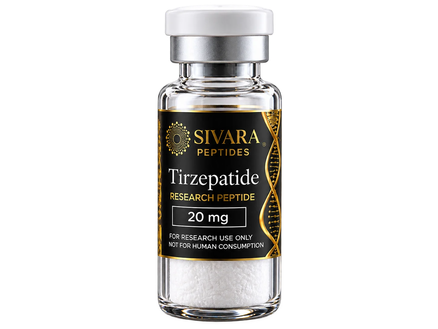 Frasco SIVARA Tirzepatide 20 mg con tapa blanca, vidrio transparente y polvo liofilizado para investigación