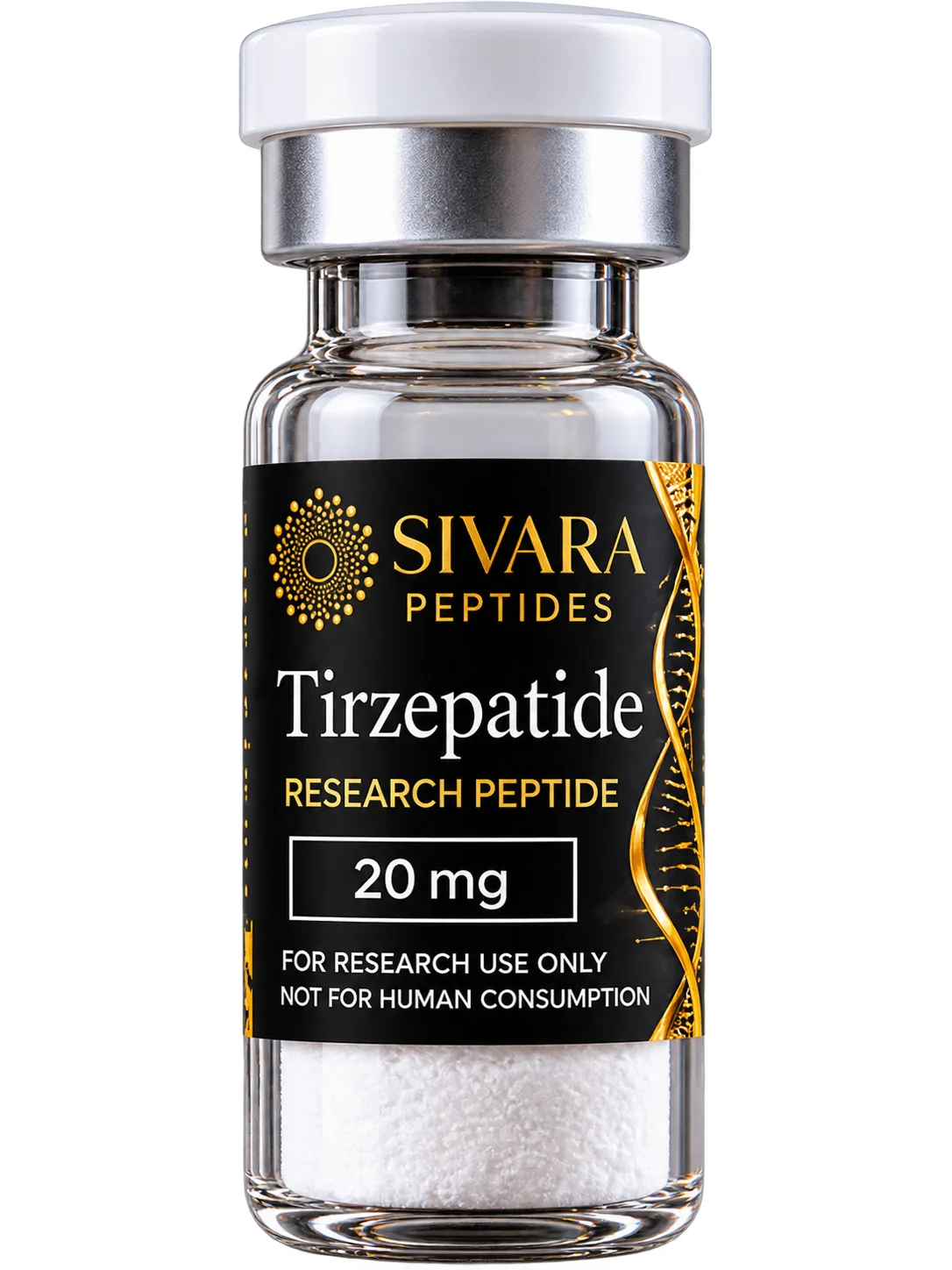 Frasco SIVARA Tirzepatide 20 mg con tapa blanca, etiqueta negra y dorada y polvo liofilizado