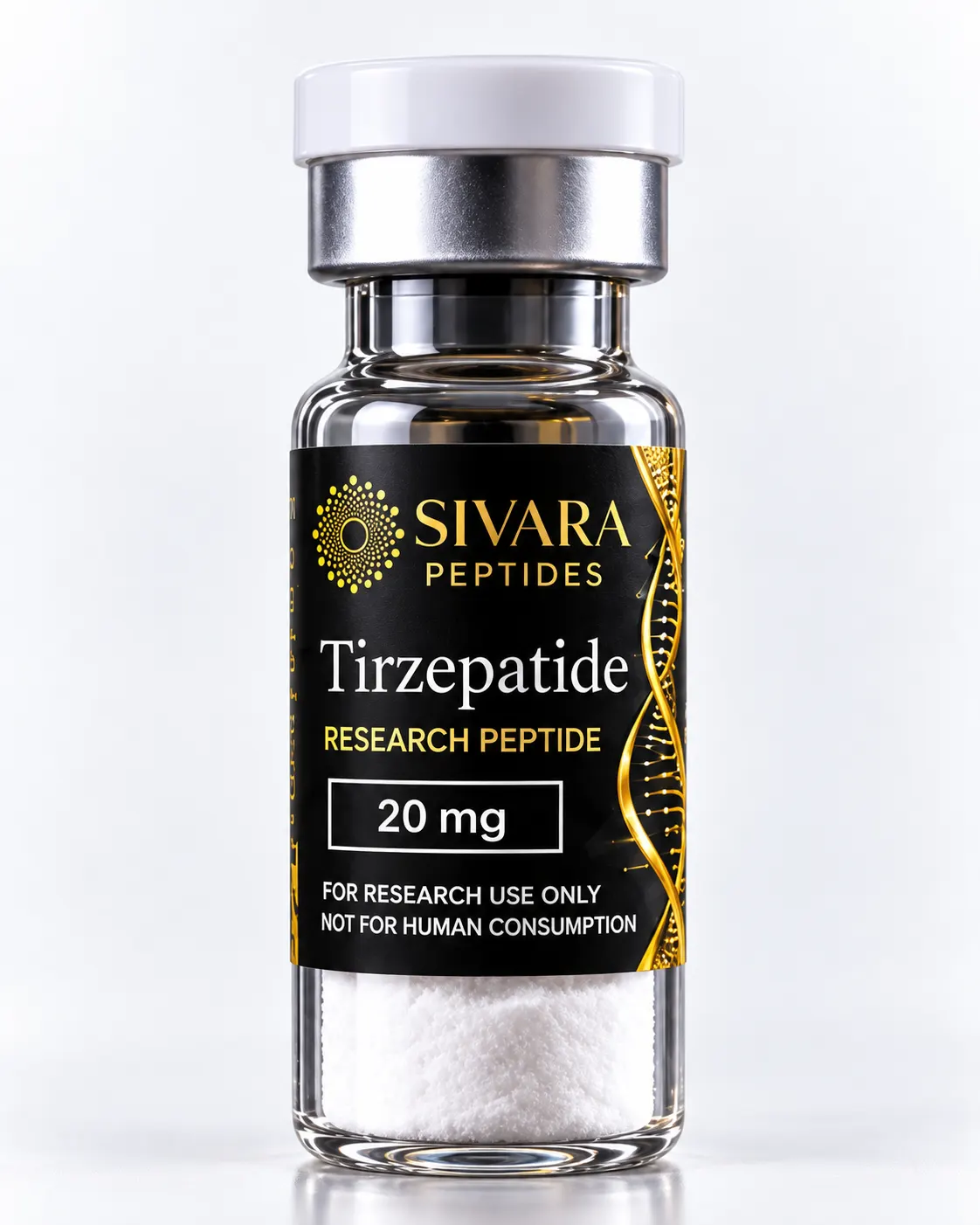 Presentación de un frasco SIVARA Tirzepatide 20 mg con polvo liofilizado para investigación
