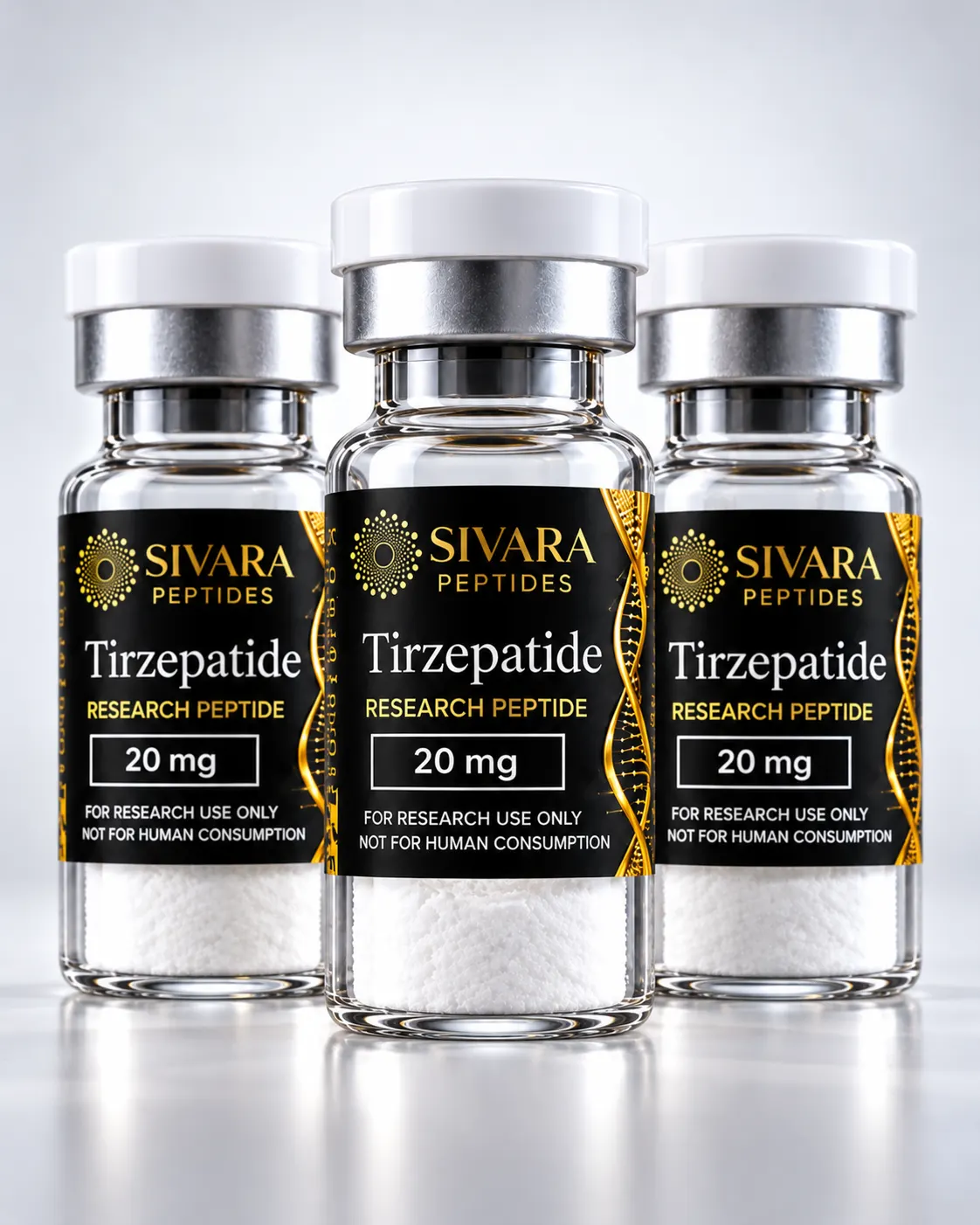 Presentación de dos frascos SIVARA Tirzepatide 20 mg, 40 mg totales, uso exclusivo para investigación
