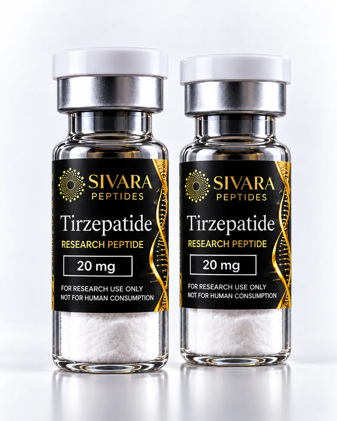 Presentación de tres frascos SIVARA Tirzepatide 20 mg, 60 mg totales, para investigación científica