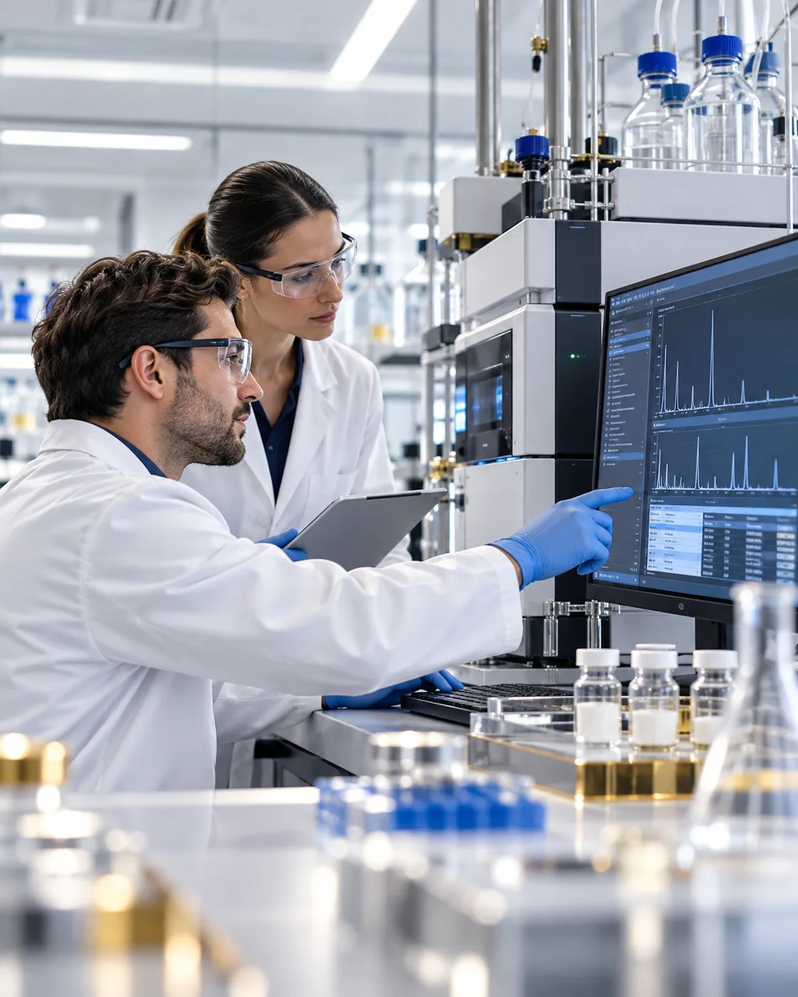Laboratorio de control de calidad con equipo de análisis cromatográfico utilizado en investigación de péptidos